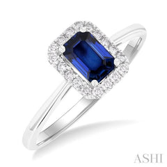 6x4 MM Octagonal Shape Sapphire and 1/6 Ctw Round Cut Diamond Halo Precious Ring in 14K White Gold