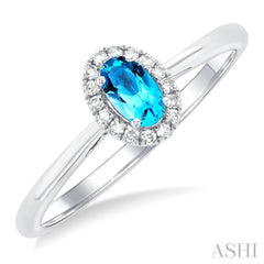 5x3 MM Oval Shape Blue Topaz and 1/20 Ctw Round Cut Diamond Halo Semi-Precious Ring in 10K White Gold