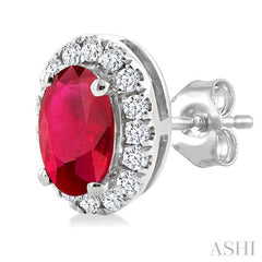 5x3 MM Oval Shape Ruby and 1/8 Ctw Single Cut Diamond Halo Precious Stud Earrings in 14K White Gold