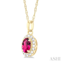 5x3 MM Oval Shape Pink Tourmaline and 1/20 Ctw Round Cut Diamond Halo Semi-Precious Pendant with Chain in 10K Yellow Gold
