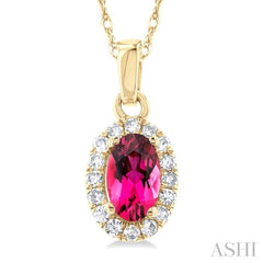 5x3 MM Oval Shape Pink Tourmaline and 1/20 Ctw Round Cut Diamond Halo Semi-Precious Pendant with Chain in 10K Yellow Gold