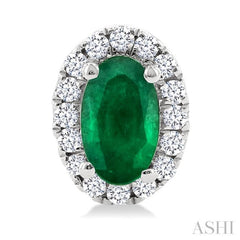 5x3 MM Oval Shape Emerald and 1/8 Ctw Round Cut Diamond Halo Precious Stud Earrings in 10K White Gold