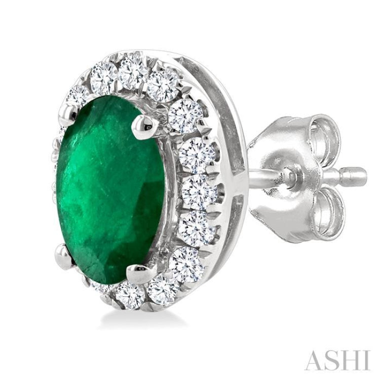 5x3 MM Oval Shape Emerald and 1/8 Ctw Round Cut Diamond Halo Precious Stud Earrings in 10K White Gold