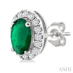 5x3 MM Oval Shape Emerald and 1/8 Ctw Round Cut Diamond Halo Precious Stud Earrings in 10K White Gold