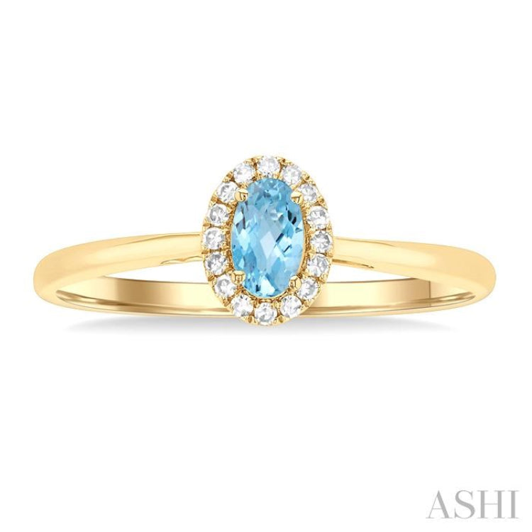 5x3 MM Oval Shape Aquamarine and 1/20 Ctw Round Cut Diamond Halo Semi-Precious Ring in 10K Yellow Gold