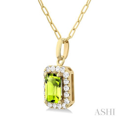 6x4 MM Octagonal Shape Peridot and 1/6 Ctw Round Cut Diamond Halo Semi-Precious Pendant with Chain in 14K Yellow Gold