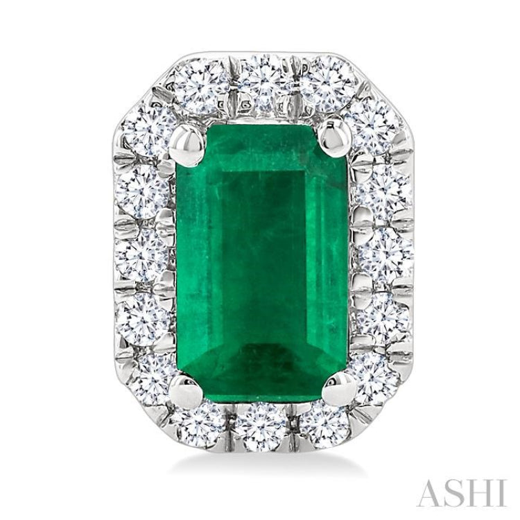 5x3 MM Octagonal Shape Emerald and 1/8 Ctw Round Cut Diamond Halo Precious Stud Earrings in 14K White Gold