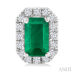 5x3 MM Octagonal Shape Emerald and 1/8 Ctw Round Cut Diamond Halo Precious Stud Earrings in 14K White Gold