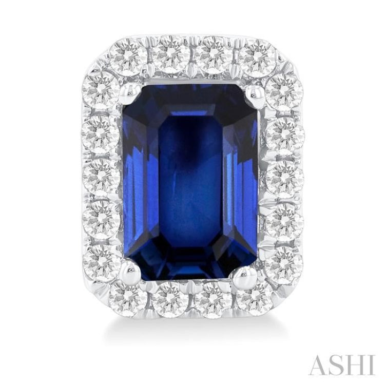 6x4 MM Octagonal Shape Sapphire and 1/4 Ctw Round Cut Diamond Halo Precious Stud Earrings in 14K White Gold