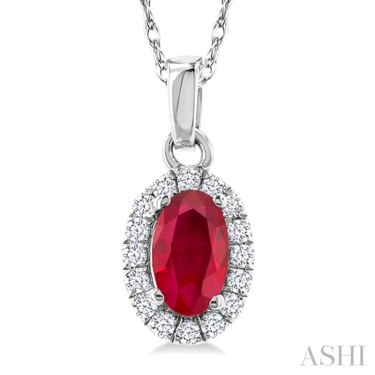 5x3 MM Oval Shape Ruby and 1/20 Ctw Round Cut Diamond Halo Precious Pendant with Chain in 10K White Gold
