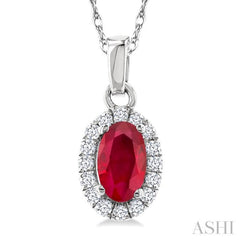 5x3 MM Oval Shape Ruby and 1/20 Ctw Round Cut Diamond Halo Precious Pendant with Chain in 10K White Gold