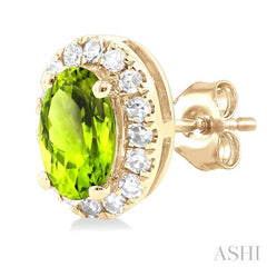 5x3 MM Oval Shape Peridot and 1/8 Ctw Round Cut Diamond Halo Semi-Precious Stud Earrings in 10K Yellow Gold