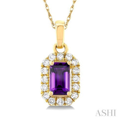 5x3 MM Octagonal Shape Amethyst and 1/20 Ctw Round Cut Diamond Halo Semi-Precious Pendant with Chain in 10K Yellow Gold