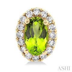 5x3 MM Oval Shape Peridot and 1/8 Ctw Single Cut Diamond Halo Semi-Precious Stud Earrings in 14K Yellow Gold