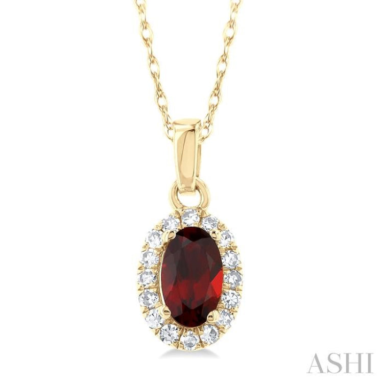 5x3 MM Oval Shape Garnet and 1/20 Ctw Round Cut Diamond Halo Semi-Precious Pendant with Chain in 10K Yellow Gold