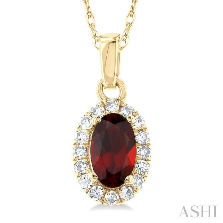 5x3 MM Oval Shape Garnet and 1/20 Ctw Round Cut Diamond Halo Semi-Precious Pendant with Chain in 10K Yellow Gold