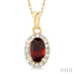 5x3 MM Oval Shape Garnet and 1/20 Ctw Round Cut Diamond Halo Semi-Precious Pendant with Chain in 10K Yellow Gold