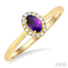 5x3 MM Oval Shape Amethyst and 1/20 Ctw Round Cut Diamond Halo Semi-Precious Ring in 14K Yellow Gold