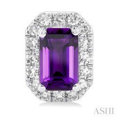 5x3 MM Octagonal Shape Amethyst and 1/8 Ctw Single Cut Diamond Halo Semi-Precious Stud Earrings in 14K White Gold