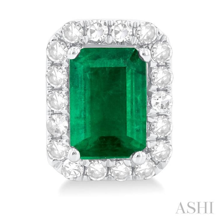 6x4 MM Octagonal Shape Emerald and 1/4 Ctw Round Cut Diamond Halo Precious Stud Earrings in 14K White Gold
