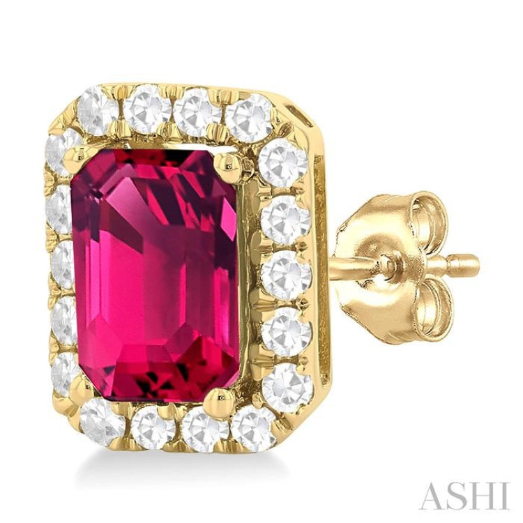 6x4 MM Octagonal Shape Pink Tourmaline and 1/4 Ctw Round Cut Diamond Halo Semi-Precious Stud Earrings in 10K Yellow Gold