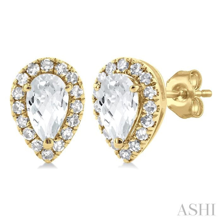 5x3 MM Pear Shape White Topaz and 1/8 Ctw Single Cut Diamond Halo Semi-Precious Stud Earrings in 14K Yellow Gold