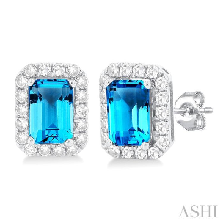 6x4 MM Octagonal Shape Blue Topaz and 1/4 Ctw Round Cut Diamond Halo Semi-Precious Stud Earrings in 14K White Gold