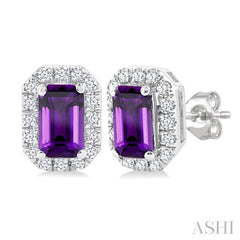 5x3 MM Octagonal Shape Amethyst and 1/8 Ctw Round Cut Diamond Halo Semi-Precious Stud Earrings in 10K White Gold