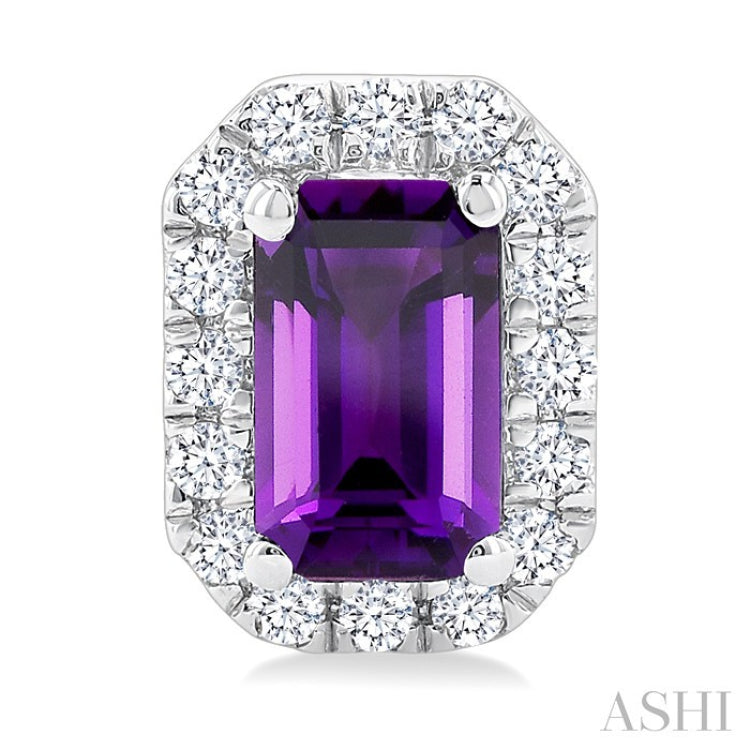 5x3 MM Octagonal Shape Amethyst and 1/8 Ctw Round Cut Diamond Halo Semi-Precious Stud Earrings in 10K White Gold