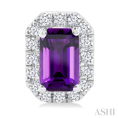 5x3 MM Octagonal Shape Amethyst and 1/8 Ctw Round Cut Diamond Halo Semi-Precious Stud Earrings in 10K White Gold