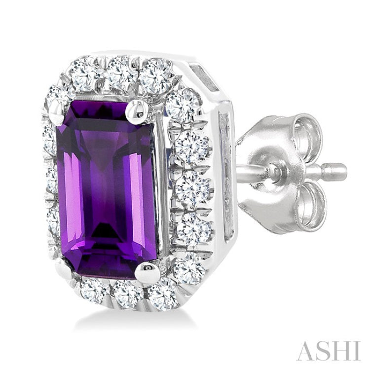 5x3 MM Octagonal Shape Amethyst and 1/8 Ctw Round Cut Diamond Halo Semi-Precious Stud Earrings in 10K White Gold