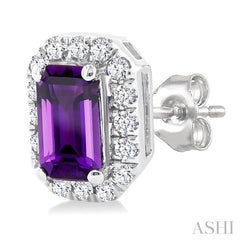 5x3 MM Octagonal Shape Amethyst and 1/8 Ctw Round Cut Diamond Halo Semi-Precious Stud Earrings in 10K White Gold