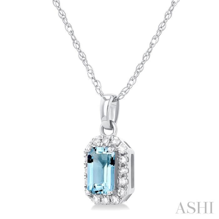 5x3 MM Octagonal Shape Aquamarine and 1/20 Ctw Round Cut Diamond Halo Semi-Precious Pendant with Chain in 10K White Gold