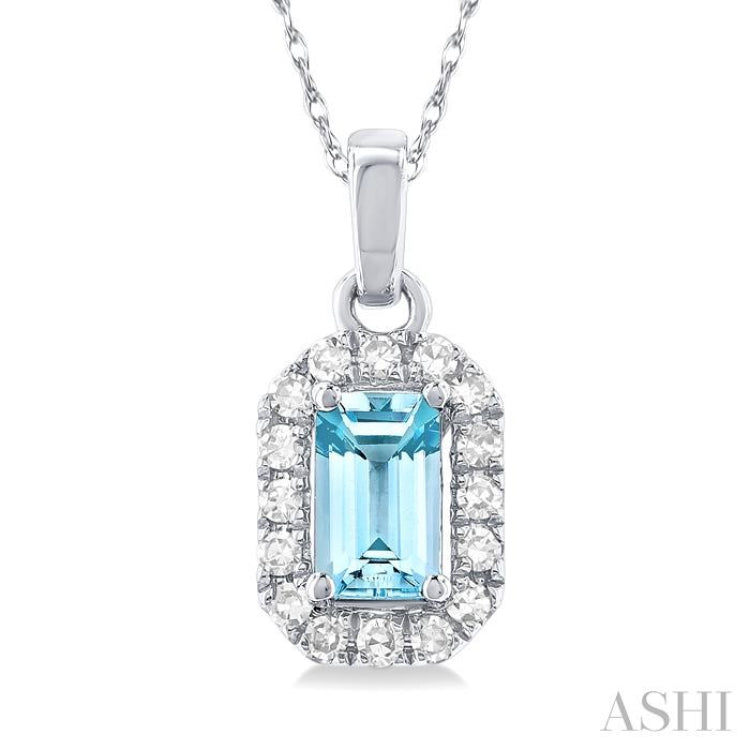 5x3 MM Octagonal Shape Aquamarine and 1/20 Ctw Round Cut Diamond Halo Semi-Precious Pendant with Chain in 10K White Gold