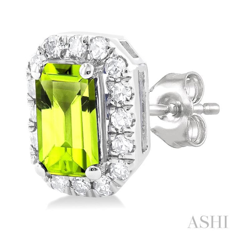 5x3 MM Octagonal Shape Peridot and 1/8 Ctw Round Cut Diamond Halo Semi-Precious Stud Earrings in 10K White Gold