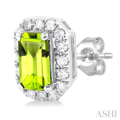 5x3 MM Octagonal Shape Peridot and 1/8 Ctw Round Cut Diamond Halo Semi-Precious Stud Earrings in 10K White Gold