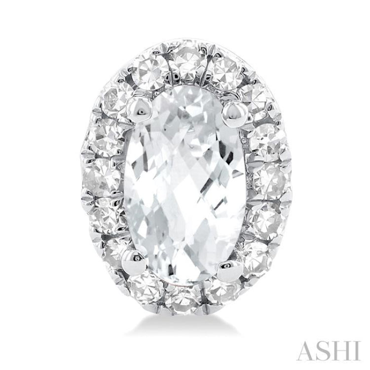5x3 MM Oval Shape White Topaz and 1/8 Ctw Round Cut Diamond Halo Semi-Precious Stud Earrings in 10K White Gold