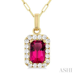 6x4 MM Octagonal Shape Pink Tourmaline and 1/6 Ctw Round Cut Diamond Halo Semi-Precious Pendant with Chain in 14K Yellow Gold