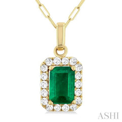 6x4 MM Octagonal Shape Emerald and 1/6 Ctw Round Cut Diamond Halo Precious Pendant with Chain in 14K Yellow Gold
