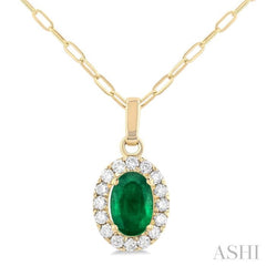 6x4 MM Oval Shape Emerald and 1/6 Ctw Round Cut Diamond Halo Precious Pendant with Chain in 14K Yellow Gold