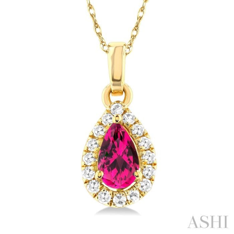 5x3 MM Pear Shape Pink Tourmaline and 1/20 Ctw Single Cut Diamond Halo Semi-Precious Pendant with Chain in 14K Yellow Gold