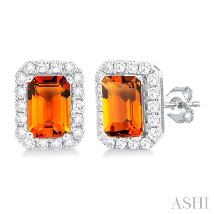 6x4 MM Octagonal Shape Citrine and 1/4 Ctw Round Cut Diamond Halo Semi-Precious Stud Earrings in 14K White Gold