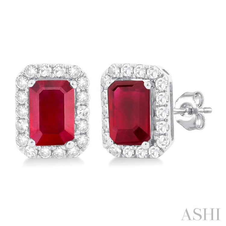 6x4 MM Octagonal Shape Ruby and 1/4 Ctw Round Cut Diamond Halo Precious Stud Earrings in 14K White Gold