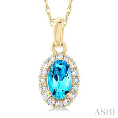 5x3 MM Oval Shape Blue Topaz and 1/20 Ctw Single Cut Diamond Halo Semi-Precious Pendant with Chain in 14K Yellow Gold