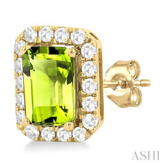 6x4 MM Octagonal Shape Peridot and 1/4 Ctw Round Cut Diamond Halo Semi-Precious Stud Earrings in 14K Yellow Gold