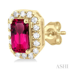 5x3 MM Octagonal Shape Pink Tourmaline and 1/8 Ctw Single Cut Diamond Halo Semi-Precious Stud Earrings in 10K Yellow Gold