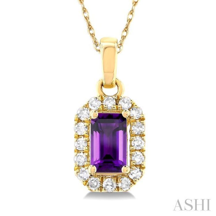 5x3 MM Octagonal Shape Amethyst and 1/20 Ctw Single Cut Diamond Halo Semi-Precious Pendant with Chain in 14K Yellow Gold
