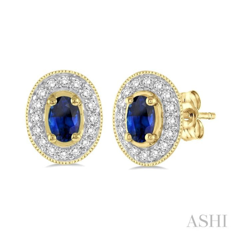 5x3 MM Oval Cut Sapphire and 1/4 Ctw Round Cut Diamond Earrings in 14K Yellow Gold