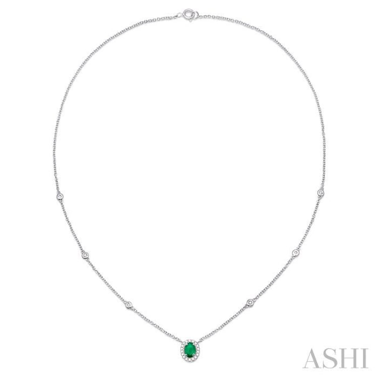 6x4 MM Oval Cut Emerald and 1/6 Ctw Round Cut Diamond Necklace in 14K White Gold