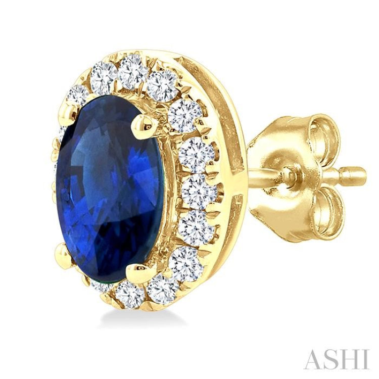 5x3 MM Oval Shape Sapphire and 1/8 Ctw Round Cut Diamond Halo Precious Stud Earrings in 14K Yellow Gold